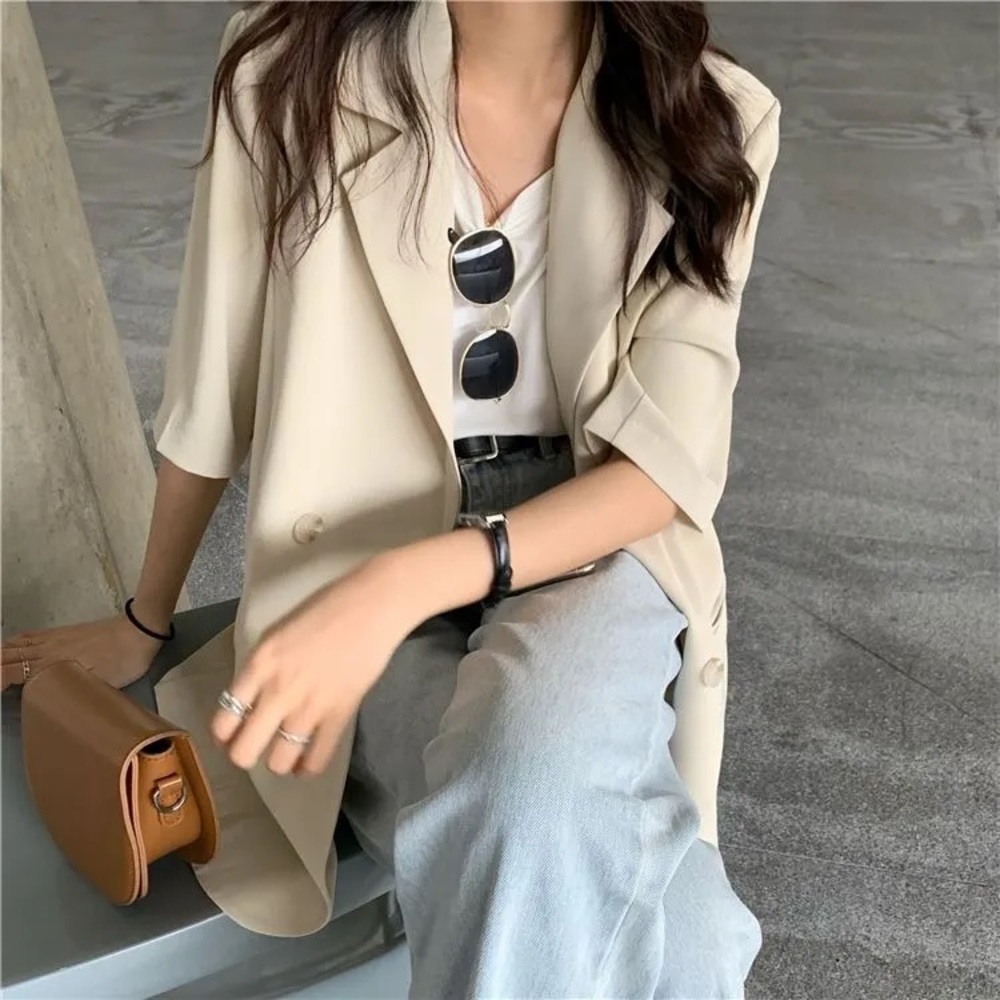 Cream Elbow Sleeve Double Breasted Blazer